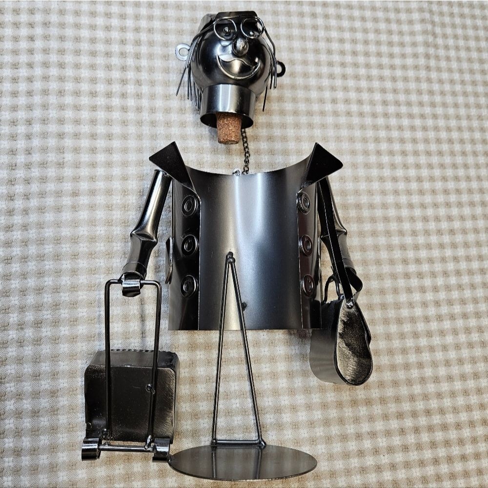 Unique Metal Art Traveler Man Whimsical Sculpture Open Wine Bottle Holder